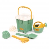 Набор №694: ведро-замок большое №2, ситечко-крепость большое, лопатка №5, грабельки №5, 2 формочки, лейка малая №4 (бледно-зелёный) арт.74427