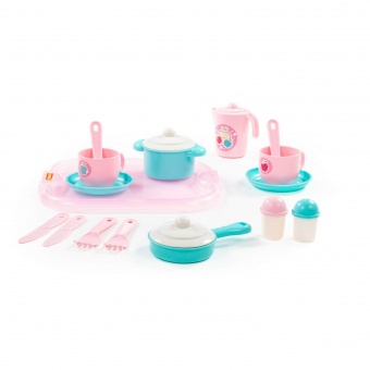 Набор детской посуды "Хозяюшка" с подносом на 2 персоны (V4) (19 элементов) (в сеточке), арт. 80462 Полесье