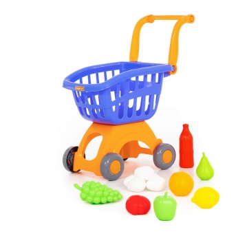 Тележка для маркета "Мини" + набор продуктов №14 (12 элементов) (в сеточке) арт.71385 Полесье